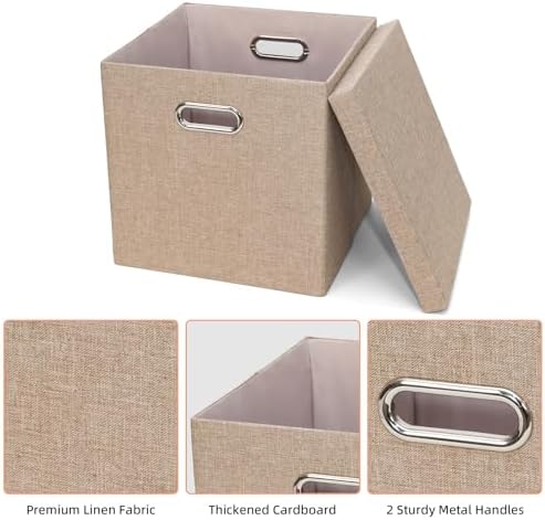 Storage Bins with Lids, Collapsible Linen Fabric Boxes Organizer Containers with Lid Foldable Storage Box Basket for Closet, Shelves, Home, Office, 11 x 11 x 11.4 Inch, 4 Pack, Khaki - Image 3