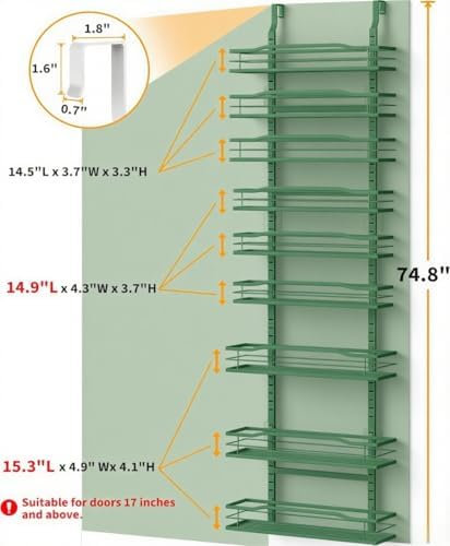 Moforoco Sage Green 9-Tier Over The Door Pantry Organizer, Pantry Organization and Storage, Black Hanging Basket Wall Spice Rack Seasoning Shelves - Image 2