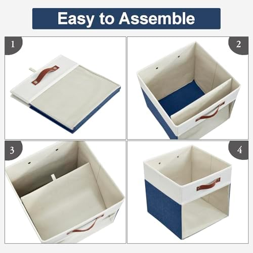 Bagnizer Storage Cubes, 4 Pack Linen Foldable Storage Bins with Clear Window and 2 Handles, 13x15x13 Storage Cube Bins for Shelf Closet, Kallax, Clothes, Books - (Navy Blue / Off-White) - Image 6