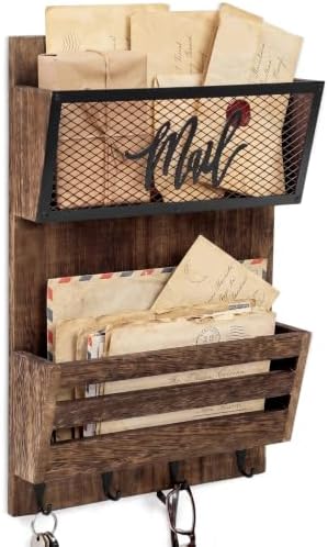 Yalikop Mail Organizer Wall Mount with Key Hooks, 2-Slot Wood Mail and Key Holder, Rustic Farmhouse Wall File for Entryway, Letter and Bill Sorter Organizer for Files, Keys and Magazines by Yalikop