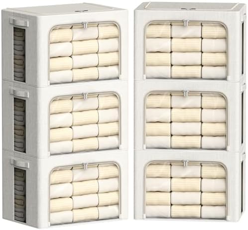 FHSQX 6 Pack Clothes Storage Bins with Metal Frame 100L Foldable Storage Bins for Clothes Linen Fabric Storage Box with Clear Window (Lvory White, 23.6x16.5x15.7inch(100L)) by FHSQX