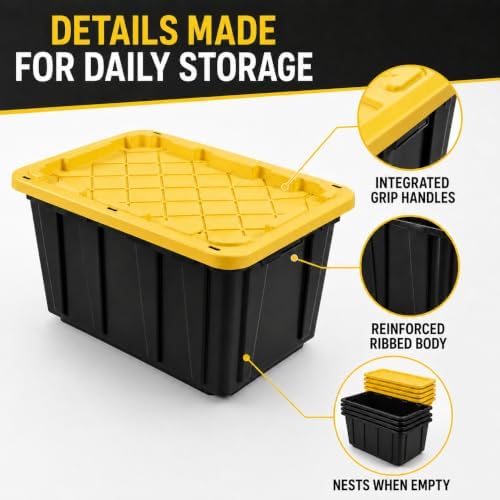 17 Gallon Storage Totes with Lock Holes, Black/Yellow, 4 Pack - Image 5
