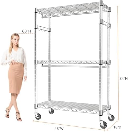 M MZG Heavy Duty Rolling Garment Rack 3 Tiers Adjustable Wire Shelving Clothes Rack with 2 Rods and Side Hooks, Storage Closet Clothing Rack with Wheels Chrome 17.7" D x 47.2" W x 83.6" H - Image 2