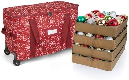 Covermates Keepsakes Rolling Adjustable Ornament Storage Bag – Heavy-Duty Polyester, FlexGrid Trays & Padded Dividers – Protective Holiday Organizer with Wheels, Handles & ID Window, Red Snowflake by Covermates