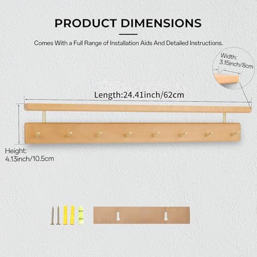Beech Wood Coat Rack with Shelf, Wall Mounted Rack with 8 Hooks - Image 4