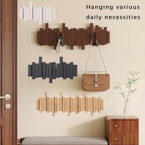 ELECANE Key Holder Wall Mount, Splicable Wooden Piano Coat Rack Wall Mount, Modern Wall Art Flip Down Magnetic Hooks Wall Hook Hat Hanger for Entryway Key Holder Bedroom Kitchen (White, 6 Hooks) - Image 3