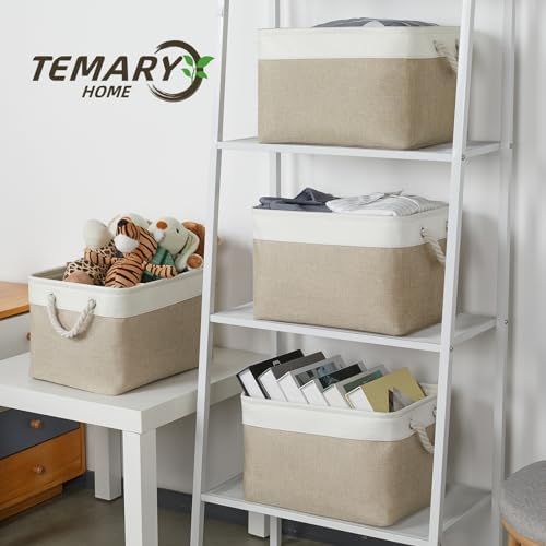 Temary Fabric Storage Baskets 4Pack Storage Bins Decorative Basket for Gift, Clothes Bin with Rope Handle, Rectangle Baskets for Storage, Blankets(White&Khaki,15x11x9.5 inch) - Image 5