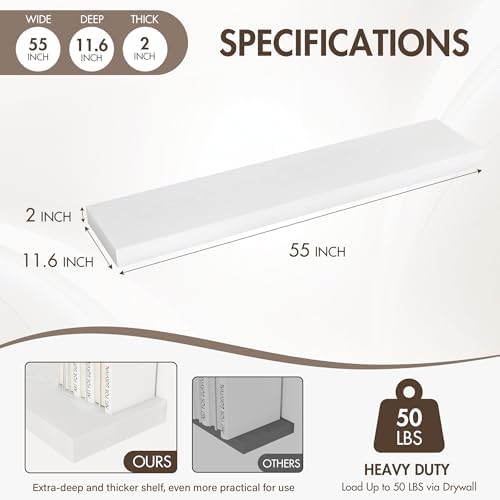 Acovy 55 Inch Floating Shelves, 12" Deep Floating Shelf Wall Mounted, 55" Wall Shelves, Rustic Deep Bookshelf, Extra Deeper & Thicker Display Shelves for Bedroom, Living Room, Set of 1 - Image 4