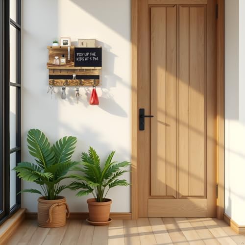 Key Holder Wall Mount with Shelf, Key Hooks for Wall, Wood Color - Image 3