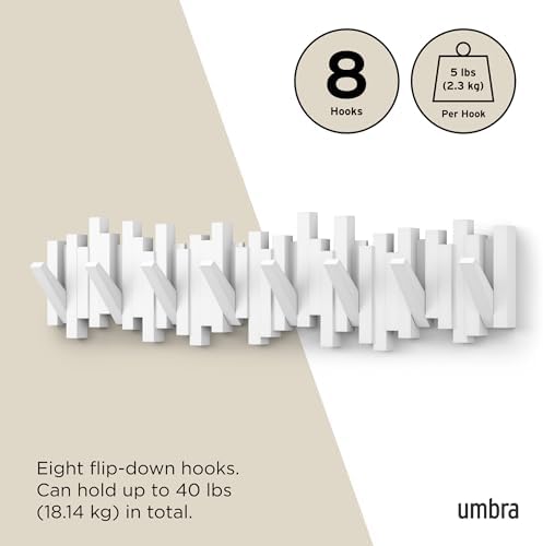 Umbra Sticks Wall Coat Rack, Wall Mount 8 Retractable Hooks, White - Image 5