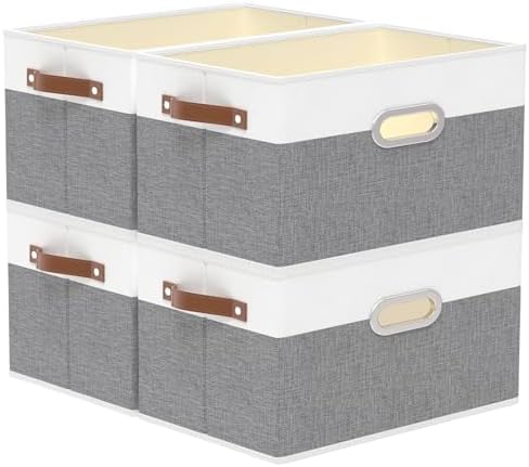 Yawinhe Collapsible Fabric Storage Bins,16.9x11.8x10.2in,White/Grey,4-Pack by Yawinhe