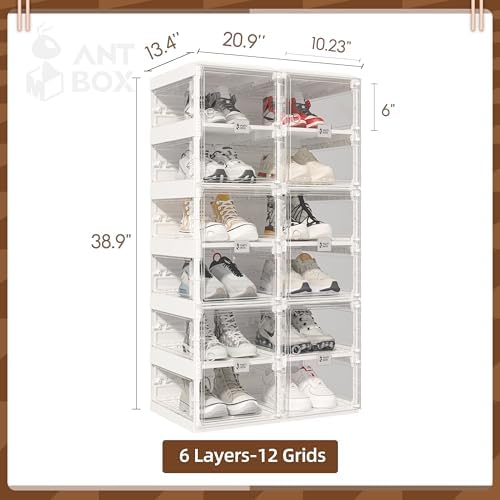 ANTBOX Foldable Shoe Rack,Shoe Organizers for Closet Plastic Shoe Storage Box Space Saving for Entryway, Large Sturdy Stackable Sneaker Cabinet Bins with Magnetic Clear Door 6 Tiers 12 Pairs - Image 3