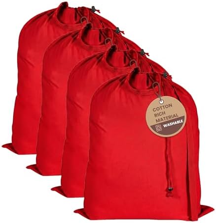 LFH Home Cotton Rich Large Premium Canvas Laundry Bag, Heavy Duty Washable Laundry Hamper with Drawstring & Handles, Multi-Use Clothes Storage for Home, Travel & College, 28"x36" (Pack of 4) - Red by LFHHomePrivateLimited