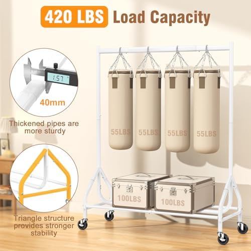 EAGMAK Heavy Duty Clothes Rack Load 420 LBS, 47.2" Long Rolling Garment Rack with Lockable Wheels, Standing Metal Clothing Hanger, Portable Wardrobe Sturdy Coat Organizer for Hanging Clothes (White) - Image 3