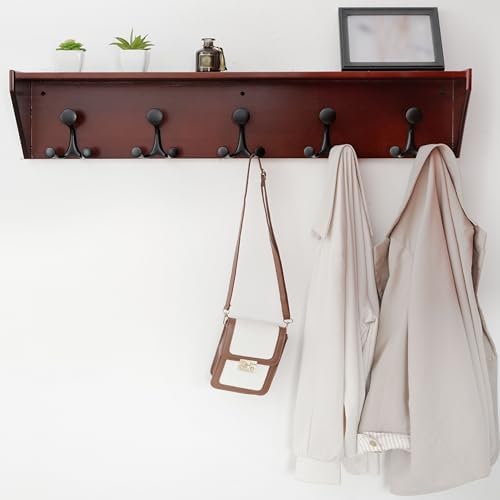 WEBI Wall Shelf with Hooks Underneath,35" Long Wall Mounted Coat Rack with Shelf,Entryway Coat Rack with 5 Triple Hooks for Hanging Coats,Jacket,Hallway,Bedroom,Mudroom,Cherry - Image 2