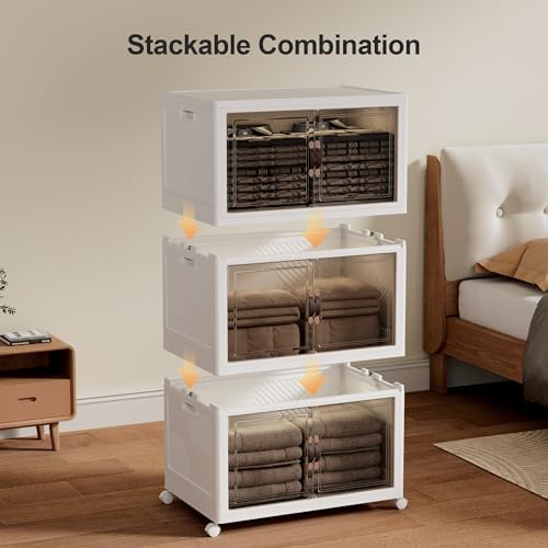 JOYMOOP Folding Storage Bins Organizer, 252 Quart Collapsible Storage Boxes with Wheels and Door, Stackble Plastic Storage Container for Clothing, Books and Sundries (XXL, 21 Gal Per, 3 Tiers) - Image 3