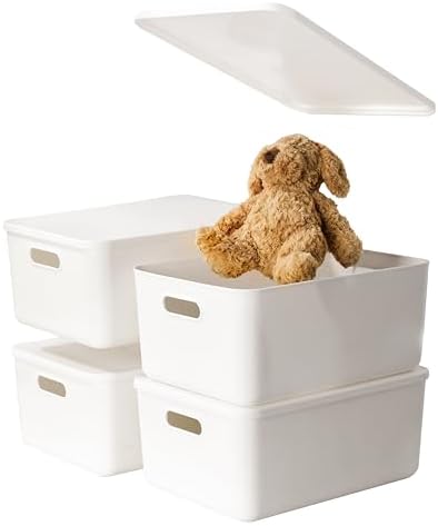 4 pack large plastic White storage bins with Lids, Toy Box Chest with Handle，Organizer Containers Baskets for Baby,Nursery，Shelves，Playroom, Bedroom，Office,Closet，home (White, 4M) by Gaoaodeyu