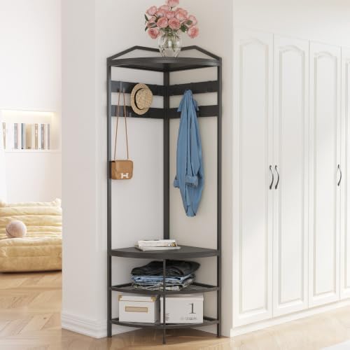 GiftGo Corner Hall Tree with Shoe Bench Entryway Coat Rack with 10 Metal Movable Hooks Freestanding Clothes Rack Shoes Shelf Organizer for Home Office Bedroom (Black) by GiftGoDirect