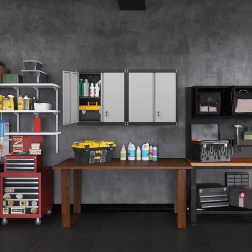 GREATMEET Lockable Storage Cabinet, Metal Garage Storage Cabinets, Metal Wall Cabinet for Garage, Wall Mount Cabinet with Lock and Adjustable Shelf, Floating, Black&Grey - Image 6