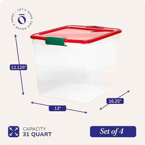 HOMZ Holiday Tote Plastic Storage Bin with Lid, 31 Qt, Clear/Red, 4 Pack - Image 4