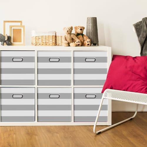 CroBlissful 11 Inch 6 Pcs Fabric Storage Cubes with Handle, Grey and White - Image 2