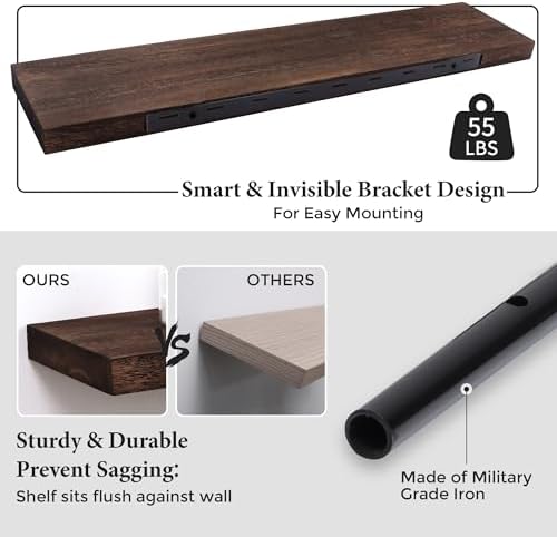 Axeman Floating Shelves, 8 Inch Deep Rustic Solid Wood Wall Shelves for Storage, Wall Mounted Display Shelving with Invisible Heavy-Duty Metal Bracket, 36" W x 8" D x 1.6" H, Rustic Brown - Image 4
