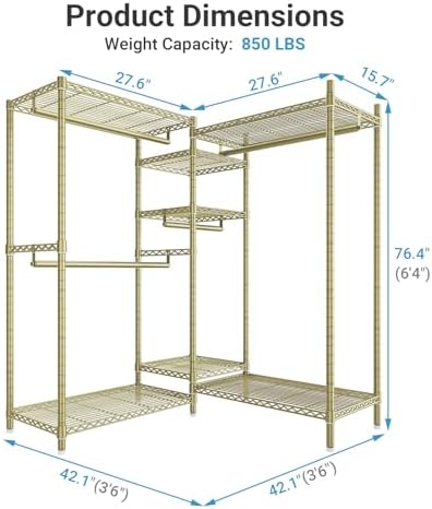 VIPEK L6 L Shaped Clothes Rack Heavy Duty Clothing Rack for Corner, 5-Tier Wire Garment Racks Metal Freestanding Closet with Adjustable Shelves, 42.1" L x 42.1" W x 76.4" H, Max Load 840LBS, Gold - Image 4