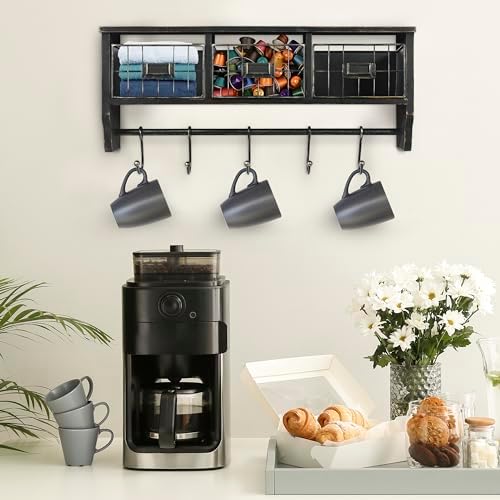 BizChair Wall Mounted Storage Rack - Blackwashed Solid Pine Wood - 24 Inch - Upper Shelf - 5 Hooks - Wire Baskets - For Entryway, Kitchen, Bathroom - Image 5