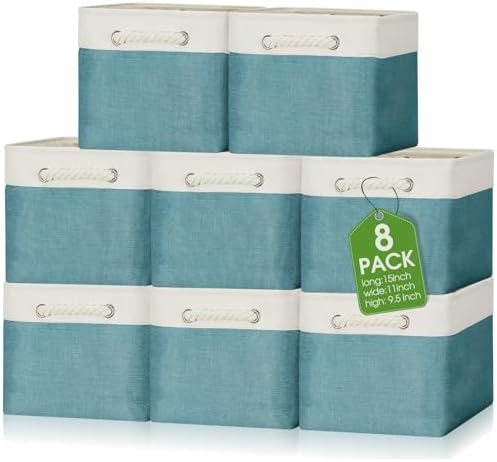 meekoo 8 Pack Fabric Storage Bins Baskets, 15 x 11 x 9.5 in, Cyan White by meekoo