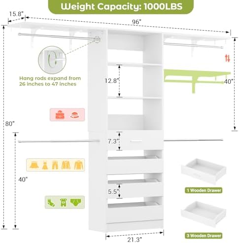Aheaplus Closet System, Wood Closet Organizer System with Drawers, White - Image 7