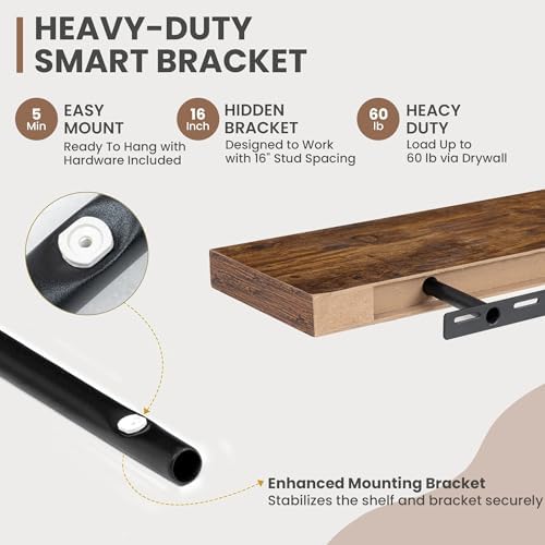 Acovy 72 Inch Floating Shelves, 8 Inch Deep Floating Shelves for Wall, Hanging Shelf with Invisible Brackets, Deep Shelves for Bathroom, Bedroom, Living Room, Brown, Set of 2 - Image 3