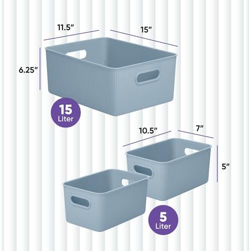Superio Ribbed Collection - Decorative Plastic Basket Open Home Storage Bins Organizer, Blue (Set of 3) 1 Large, 2 Medium - Container Boxes for Organizing Closet Storage Bins for Shelves Drawer Shelf - Image 2
