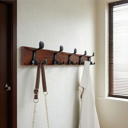 WEBI Coat Rack Wall Mount,30" Solid Wood Coat Hooks Wall Mounted Coat Hanger,16" Hole to Hole,Heavy Duty Hook Rack Rail,5 Triple Hooks for Hanging Coats,Jacket,Clothes,Hat,Backpack,Cherry - Image 2