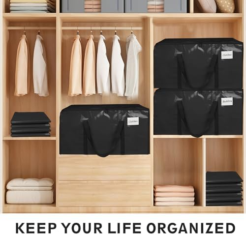 12 Pack-Extra Large Heavy Duty Moving Bags - Waterproof Storage Totes with Handles & Zippers, Foldable for College Dorm, Storage (Black) - Image 5