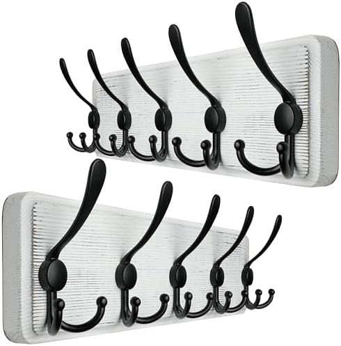 WEBI Coat Rack Wall Mount,Wood Coat Hooks Wall Mounted Coat Hanger,16" Hole to Hole,Wall Hook Rack Rail,5 Triple Hooks for Hanging Coats,Clothes,Jacket,Hats,Entryway,Black/White,2 Packs by WEBI