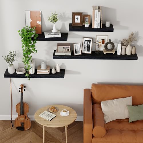 Axeman Floating Shelves, 2 Pack 8 Inch Deep Modern Solid Wood Wall Shelves for Storage, Wall Mounted Display Shelving with Invisible Heavy-Duty Metal Bracket, 24" W x 8" D x 1.6" H, Distressed Black - Image 2
