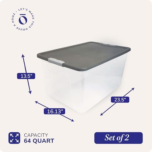 HOMZ 4-Pack Secure Latch, Clear Plastic Storage Organizer Bins, 64 Quart, Gray Lid - Stackable Container Boxes for Bedroom, Bathroom, Garage, and Office Organization - Image 5