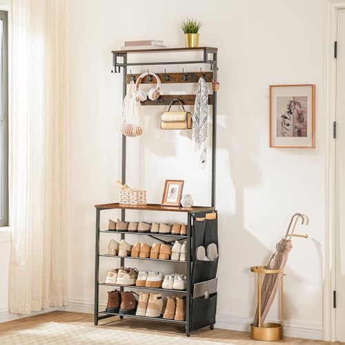 HOOBRO Hall Tree with Bench, Entryway Coat Rack with Shoe Rack, Shoe and Coat Rack, 5 Tier Shoe Storage Organizer with Oxford Fabric Side Pockets, Adjustable Mesh Shelves, Rustic Brown BF75MT01 - Image 4