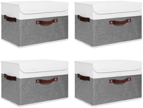 ANMINY Fabric Storage Box Bins with Lids, Gray White, 15"x10"x10", 4 Pack by ANMINY