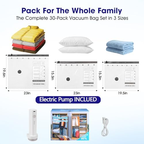 30 Pack Vacuum Storage Bags with Rechargeable Wireless Pump,10 Large 10 Medium 10 Small Space Saver for Travel Home Seasonal Storage Compression Packing Bags for Clothing Blankets - Image 3