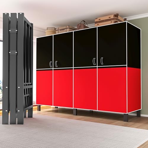 Heavy Duty Clothes Rack with Cover, Portable Wardrobe Closet with Magnetic Door & Black Steel Frame, Foldable Freestanding Garment Storage (Red-Magnetic Door, 49.2''L x 20.5''W x 67''H) by Lisdsoenk