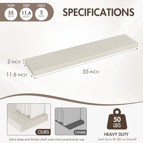 Acovy 55 Inch Floating Shelves, 12" Deep Floating Shelf Wall Mounted, 55" Wall Shelves, Rustic Deep Bookshelf, Extra Deeper & Thicker Display Shelves for Bedroom, Living Room, Gray, Set of 2 - Image 3