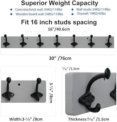 WEBI Rustic Coat Rack Wall Mount,30" Long 7 Cast Iron Coat Hooks Wall Mounted,Heavy Duty Farmhouse Wood Coat Hanger Wall Antique Vintage Hooks for Hanging Jacket,Clothes,Backpack,Gray - Image 3