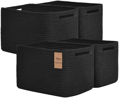 Storage Baskets for Organizing, 4 Pack Baskets for Shelves, Decorative Storage Bins for Shelves, Cotton Rope Storage Basket with Handles, Woven Basket for Storage, 13''Lx8.7''Wx7.9''H, Black by Degeyoyo