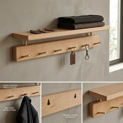Beech Wood Coat Rack with Shelf, Wall Mounted Rack with 5 Hooks - Image 2