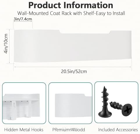 Coat Rack Wall Mount with Hidden Hooks Modern Key Holder Wood Entryway Hook with Shelf for Bedroom Kitchen Hallway Bathroom Designed for Hanging Coats Hats Bags Towels Dog Leashe(White,5 Hooks) - Image 3