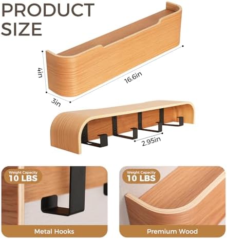 Coat Rack Wall Mount with Shelf Entryway Shelf Modern Key Holder Hanger Wall Shelves with Hidden Hooks for Hanging Towels Coats Hats Bags for Hallway Bathroom Bedroom(Oak, 4 Hooks) - Image 2