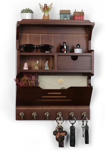 Key Holder for Wall, Elegant Wall-Mounted Mail Organizer with Storage Drawers, Walnut - Image 3