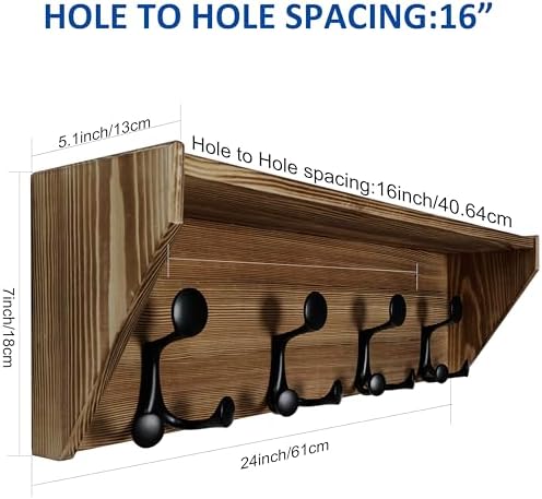 WEBI Wall Shelf with Hooks Underneath,24" Long Wall Mounted Coat Rack with Shelf,Entryway Coat Rack with 4 Triple Hooks for Hanging Coats,Jacket,Hallway,Bedroom,Mudroom,Brown - Image 7