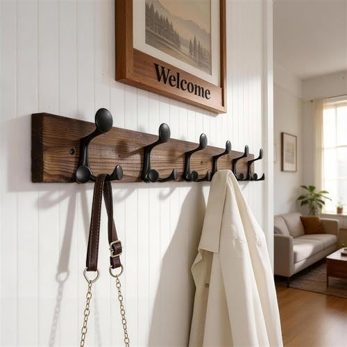 WEBI Coat Rack Wall Mount,36" Solid Wood Coat Hooks Wall Mounted Coat Hanger,16" Hole to Hole,Heavy Duty Hook Rack,6 Triple Hooks for Hanging Coats,Jacket,Hat,Backpack,Farmhouse,Brown,2 Packs - Image 2